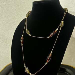 Long Beaded Necklace - Orange & Green Glass Beads with Gold Accents - Fairycore